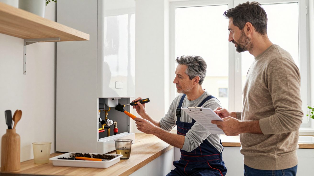 Two men inspecting a boiler; one holding a tool, the other with a clipboard, in a bright kitchen setting.