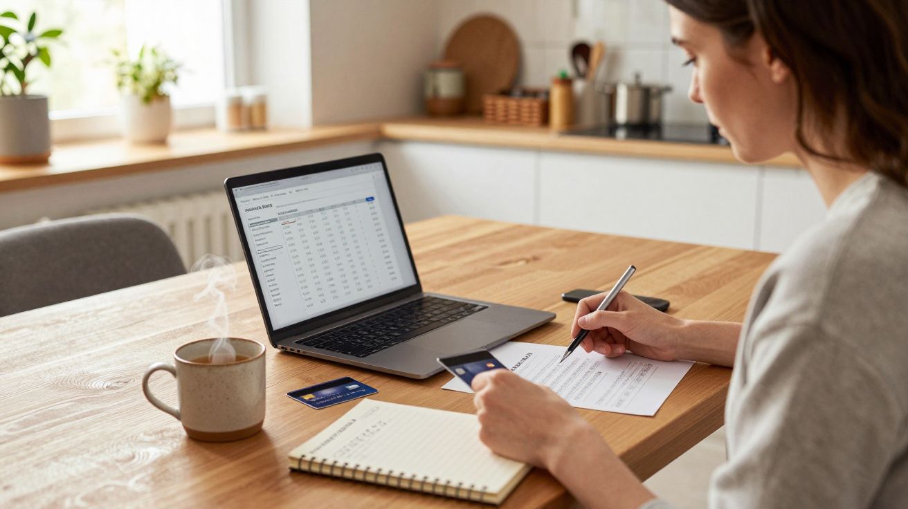 Woman at kitchen table with laptop, writing notes, holding a bank card, coffee nearby.