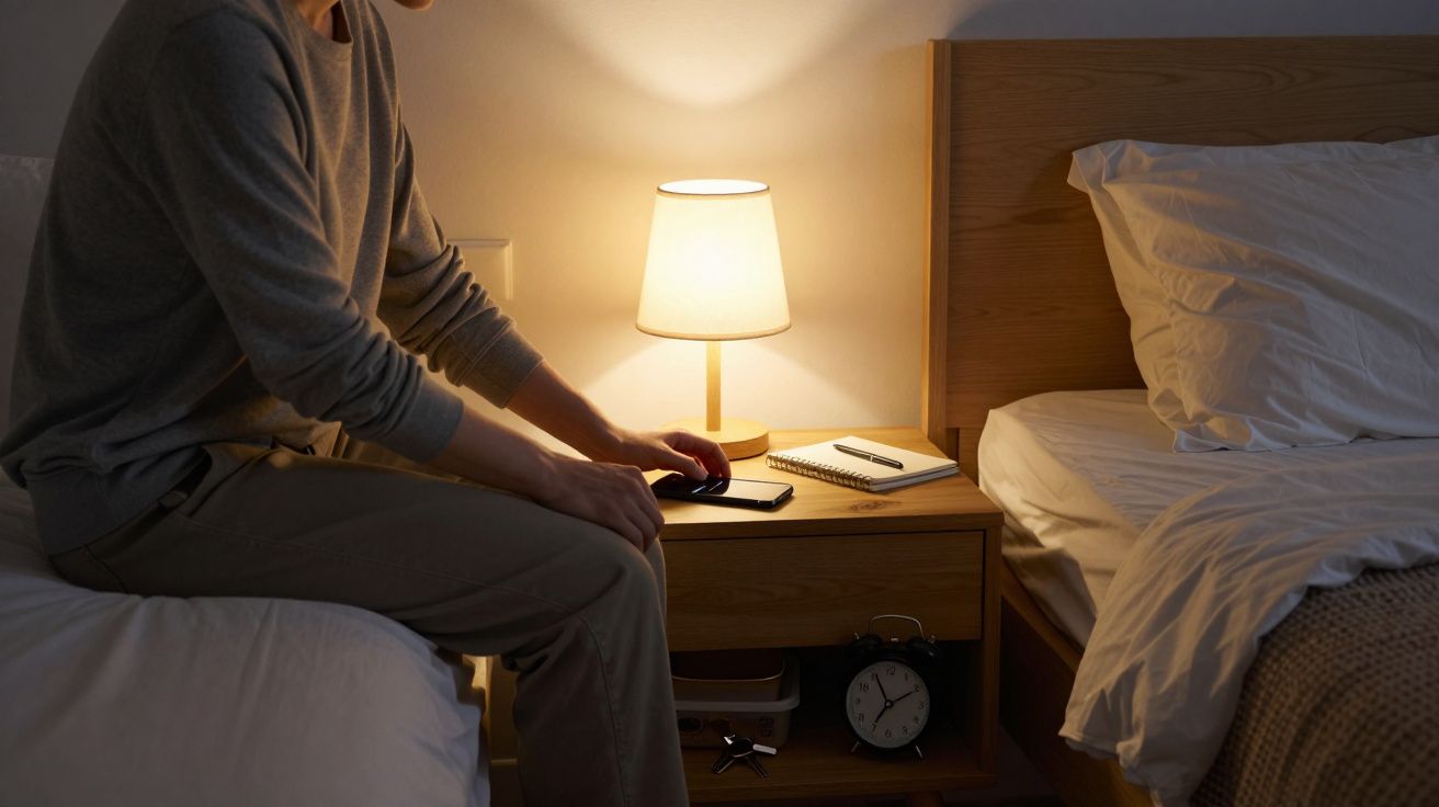 Person sitting on bed, using smartphone next to a lit table lamp and a notepad on the bedside table.