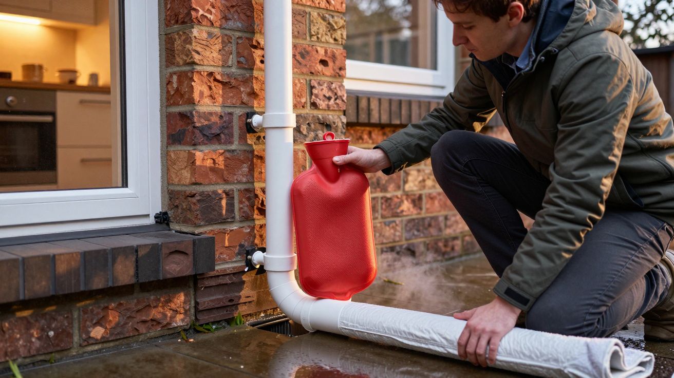 A person pouring hot water onto a frozen pipe outside a brick house to thaw it.