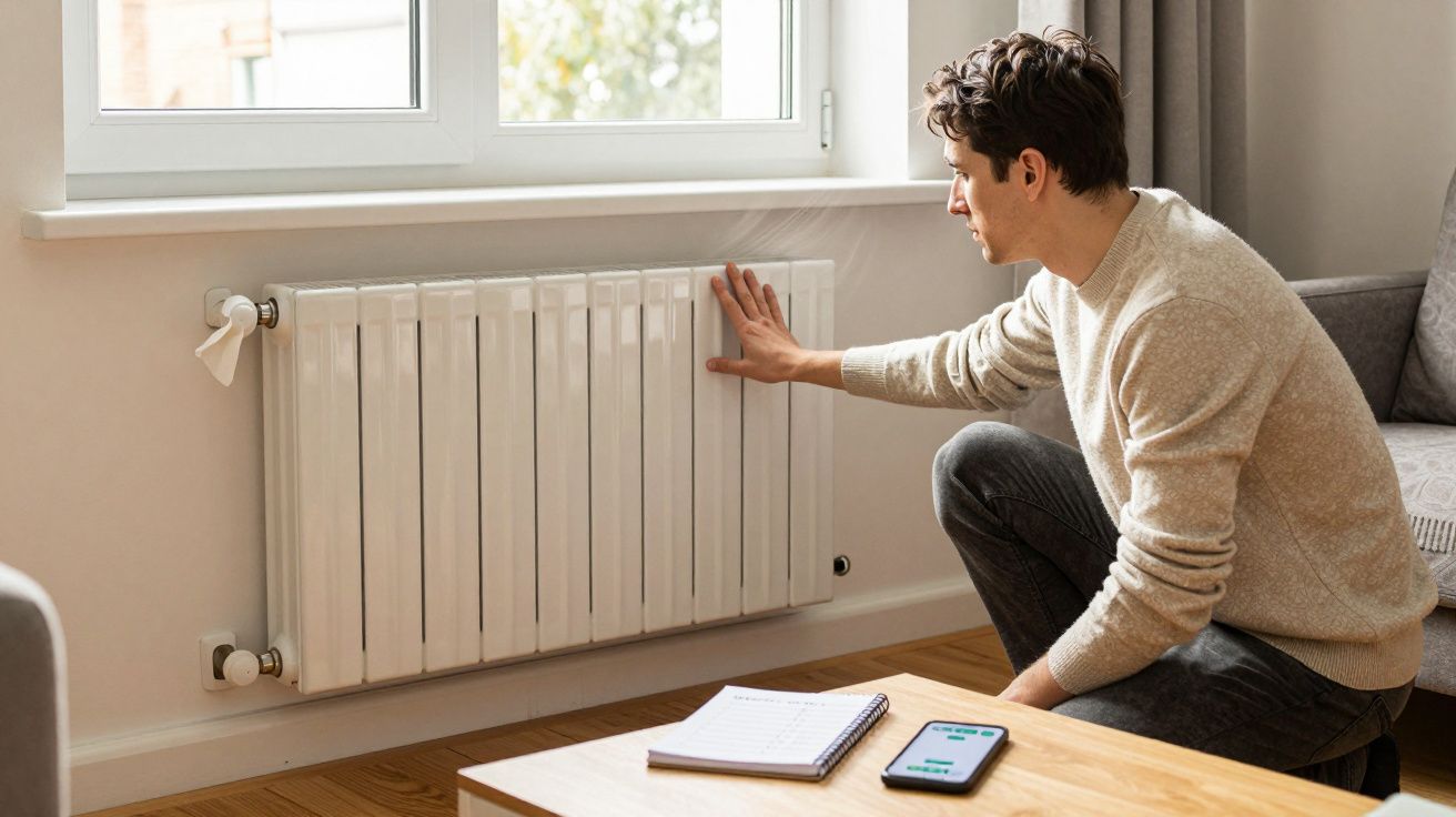 Man checking radiator temperature near window, with notepad and smartphone on coffee table.
