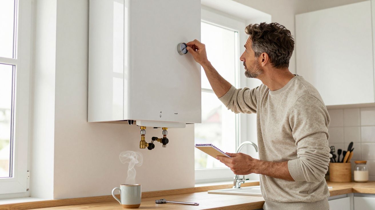 Man adjusting boiler gauge in kitchen holding a notepad and pen, with a steaming mug nearby.