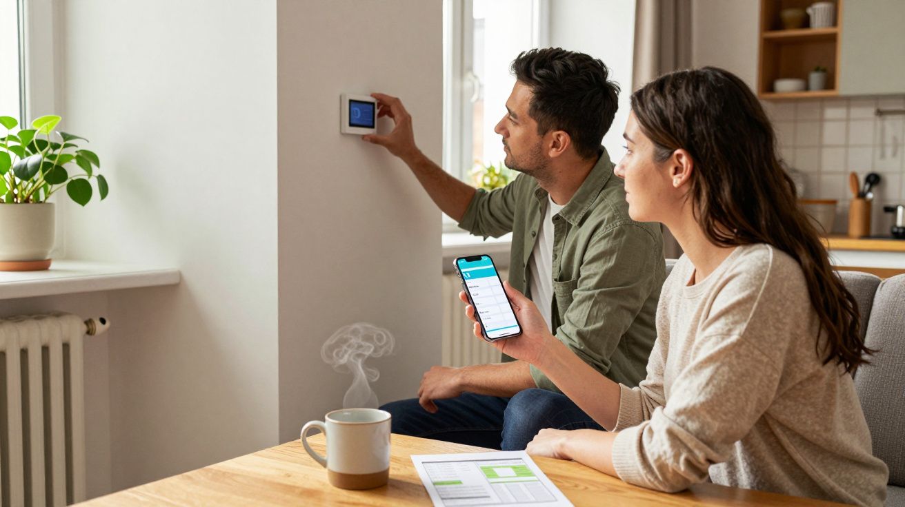 Couple adjusting a smart thermostat, using a smartphone app at a kitchen table with coffee and documents.