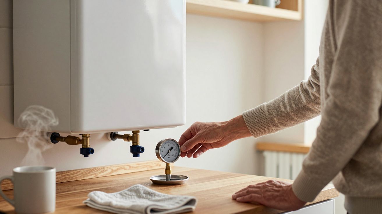 Person adjusting gauge on home boiler, steam rising from nearby mug on wooden counter.