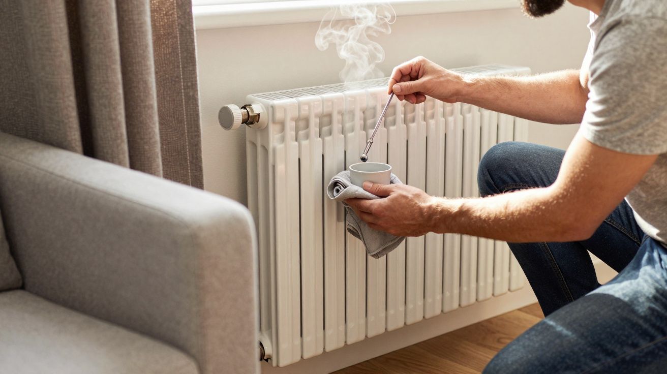 Person bleeding a white radiator with steam rising, using a cloth and key, next to a sofa.