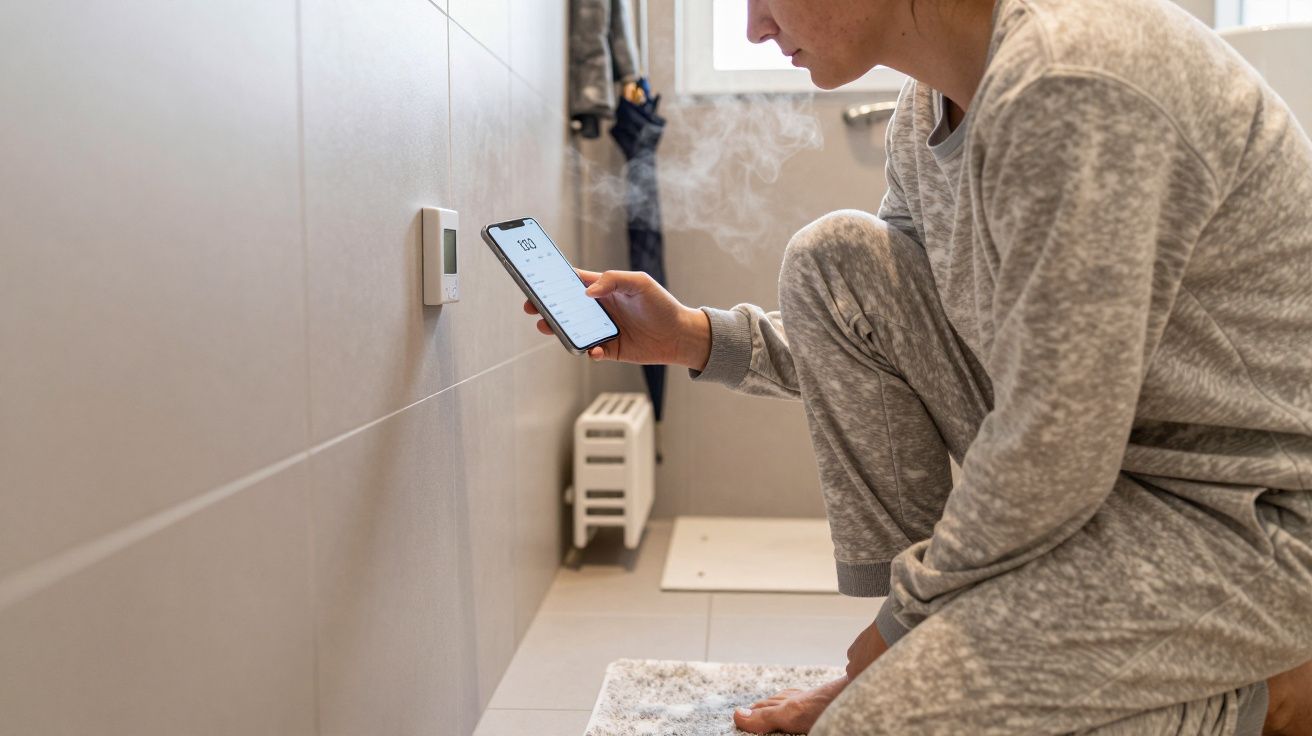 Person in grey pyjamas adjusting a smart thermostat with a smartphone in a modern bathroom.