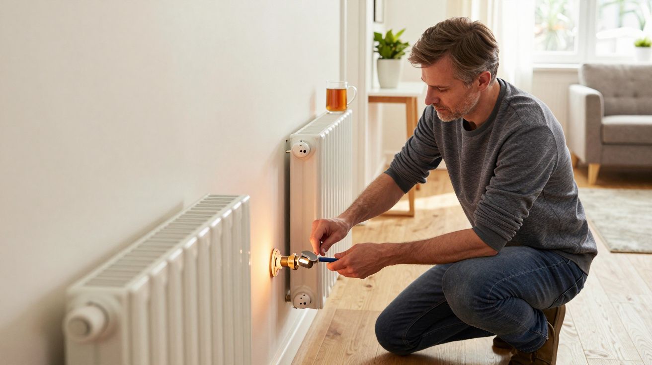 Man kneeling and adjusting a radiator with a wrench in a cosy living room with wooden flooring.