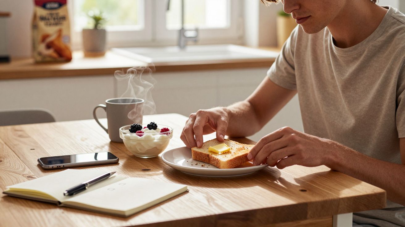 Person at a wooden table having breakfast with buttered toast, yogurt with berries, a steamy mug, notebook, and phone nearby.