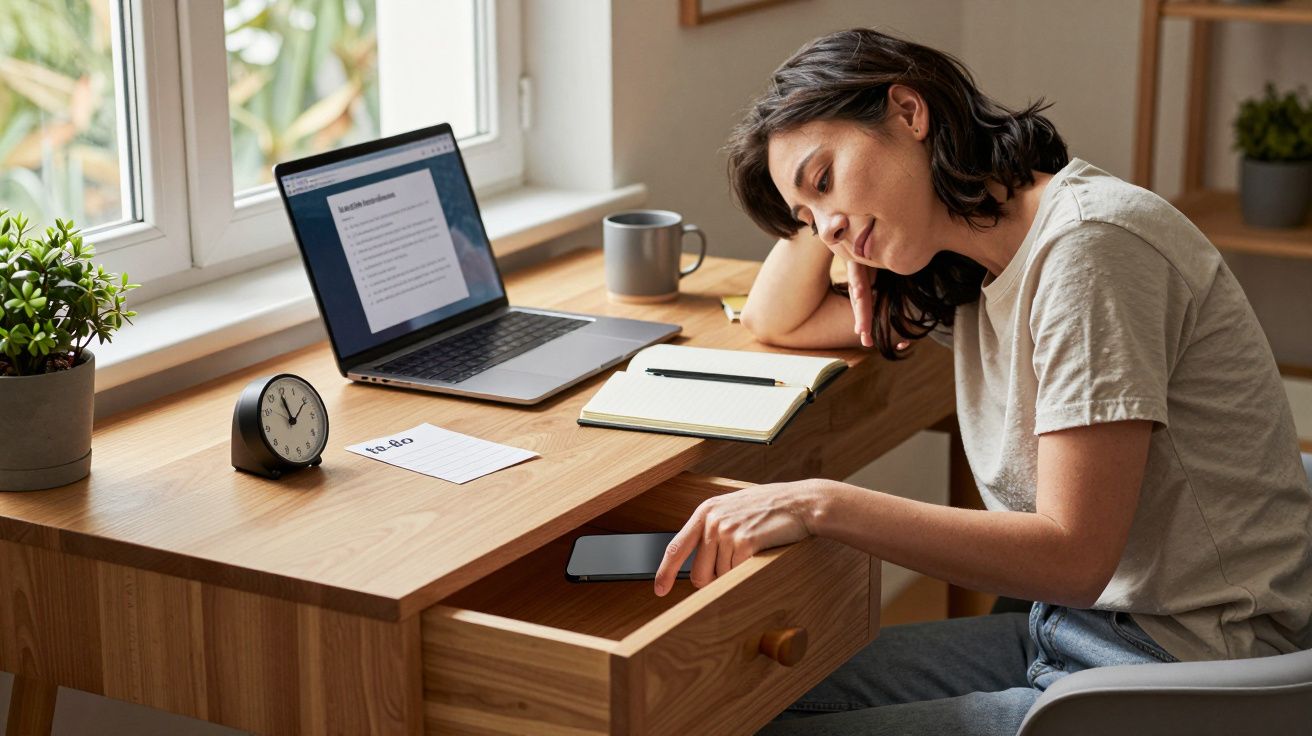 Woman asleep at desk with open laptop, notepad, and coffee mug; phone in drawer, clock on desk.