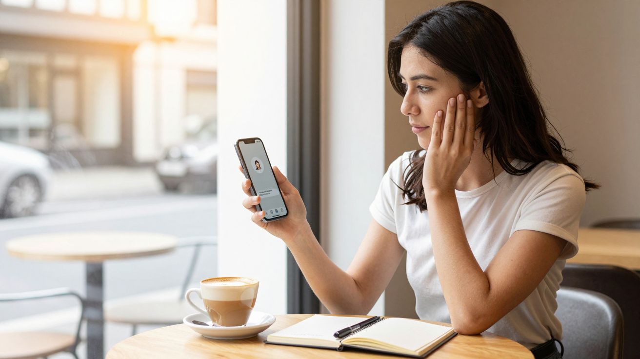 Woman in café holding smartphone, looking at screen with a thoughtful expression, notebook and coffee on table.