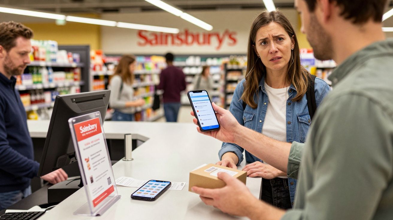 People at Sainsbury's checkout counter with smartphones, discussing a purchase.