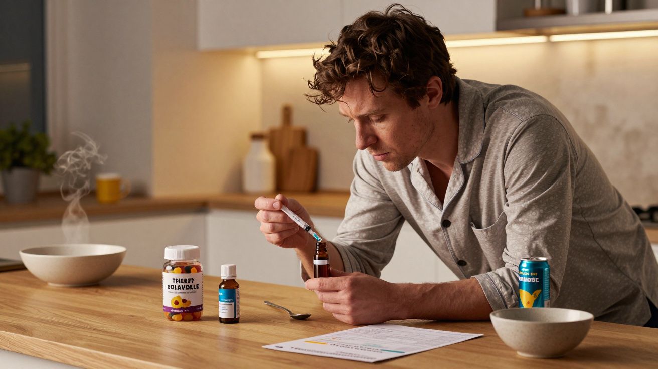 Man in kitchen preparing medicine with dropper, surrounded by jars and documents on the counter.