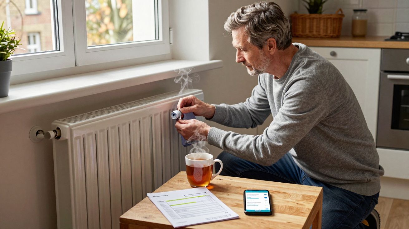 Man adjusts radiator thermostat with paperwork and smartphone on table in a kitchen.