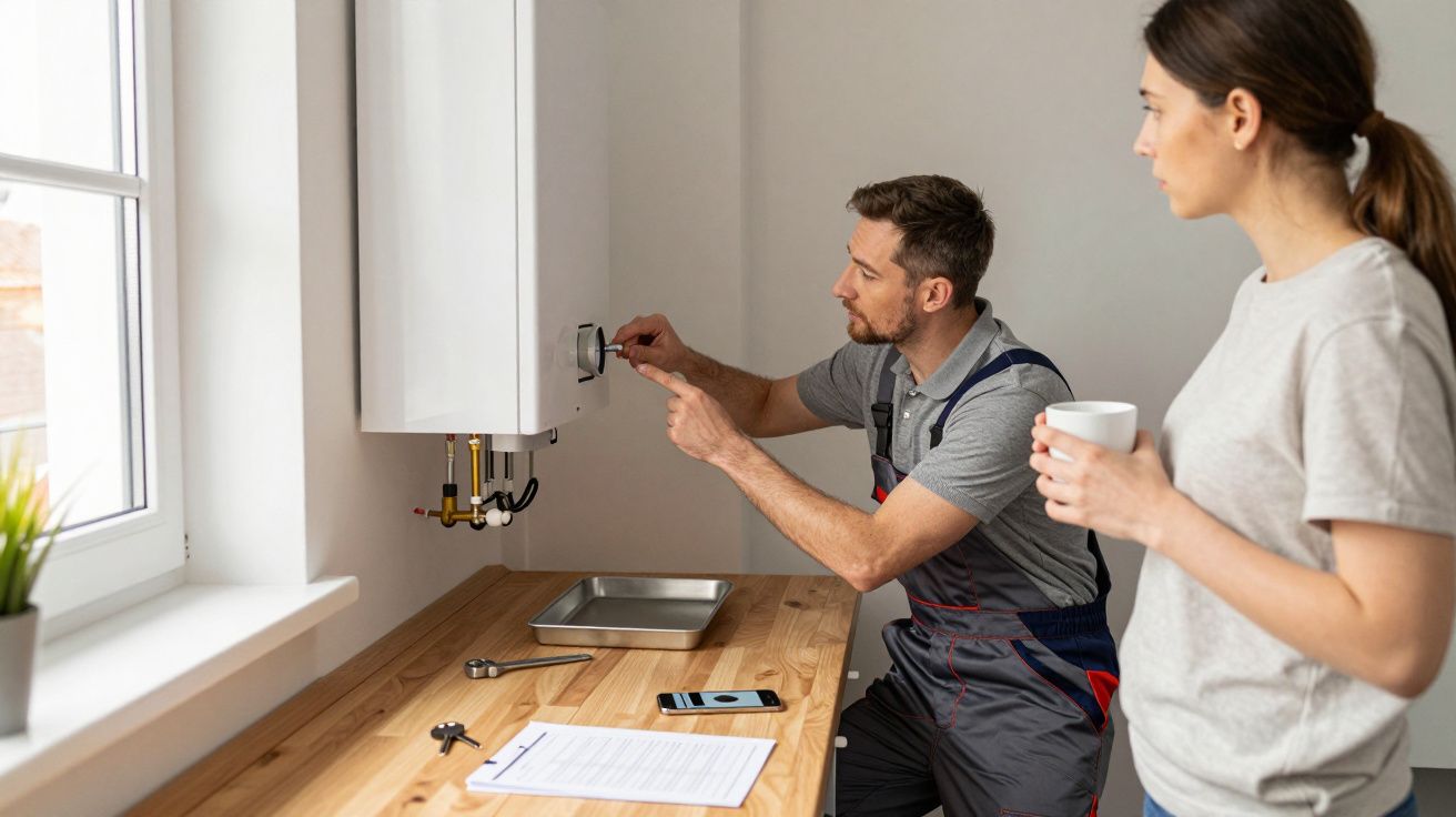 Engineer adjusts boiler controls as woman observes with a cup in hand, tools and document on wooden countertop nearby.