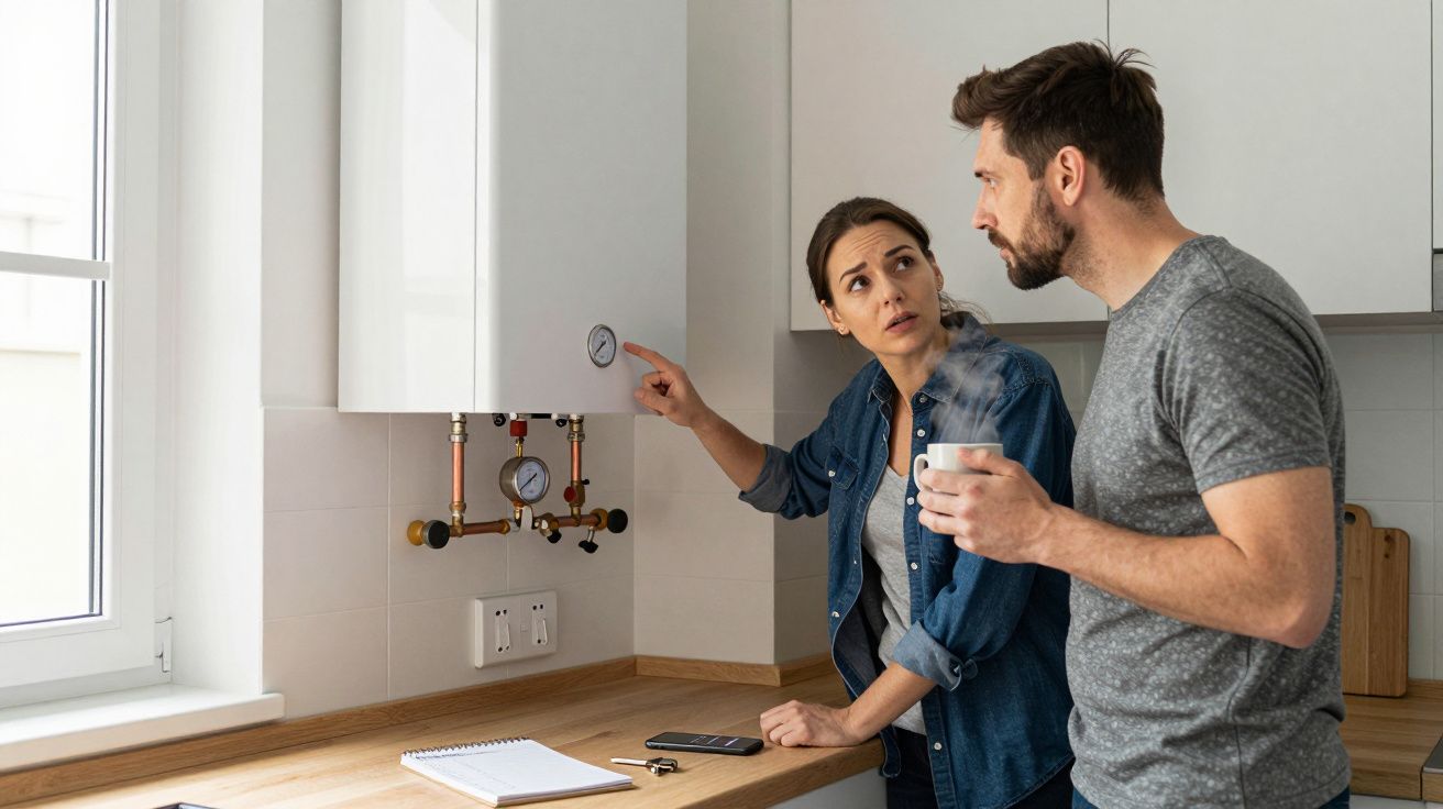 A woman checks the boiler control panel, talking to a man holding a steaming cup in a kitchen setting.