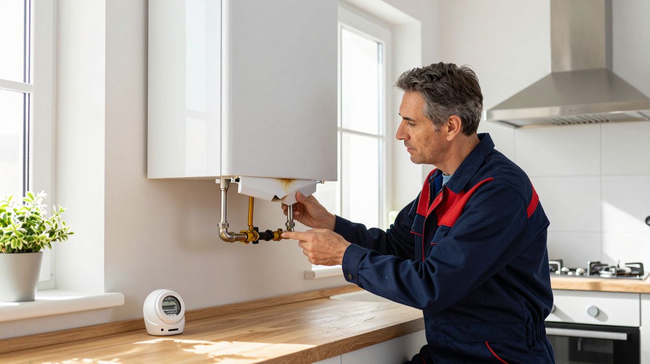 Man in work overalls adjusting a wall-mounted boiler in a kitchen with natural light.