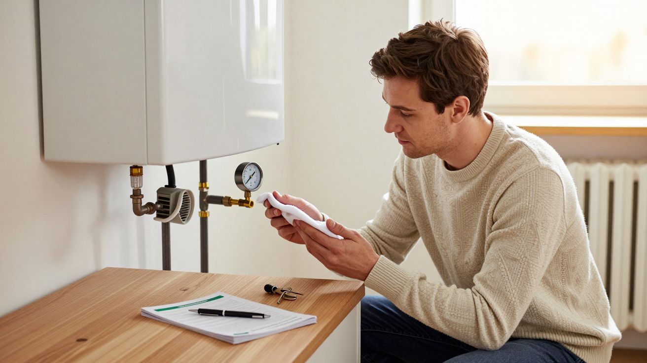 Man checking a boiler's manual, seated by a wooden surface with a pressure gauge and documents nearby.