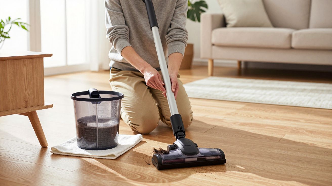 Person vacuuming wooden floor with cordless vacuum cleaner, dust bin nearby, in a modern living room setting.