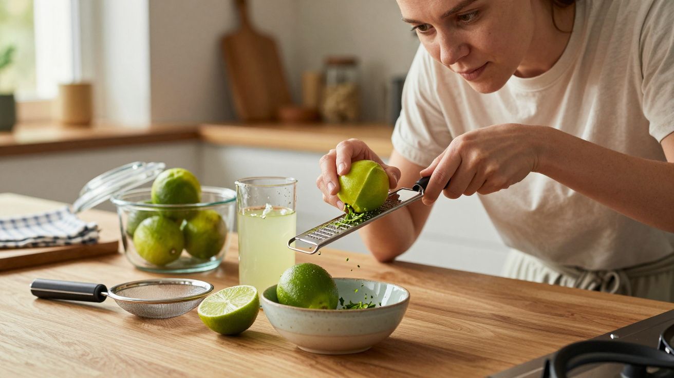Person zesting a lime over a bowl on a wooden kitchen counter with more limes and a glass in the background.