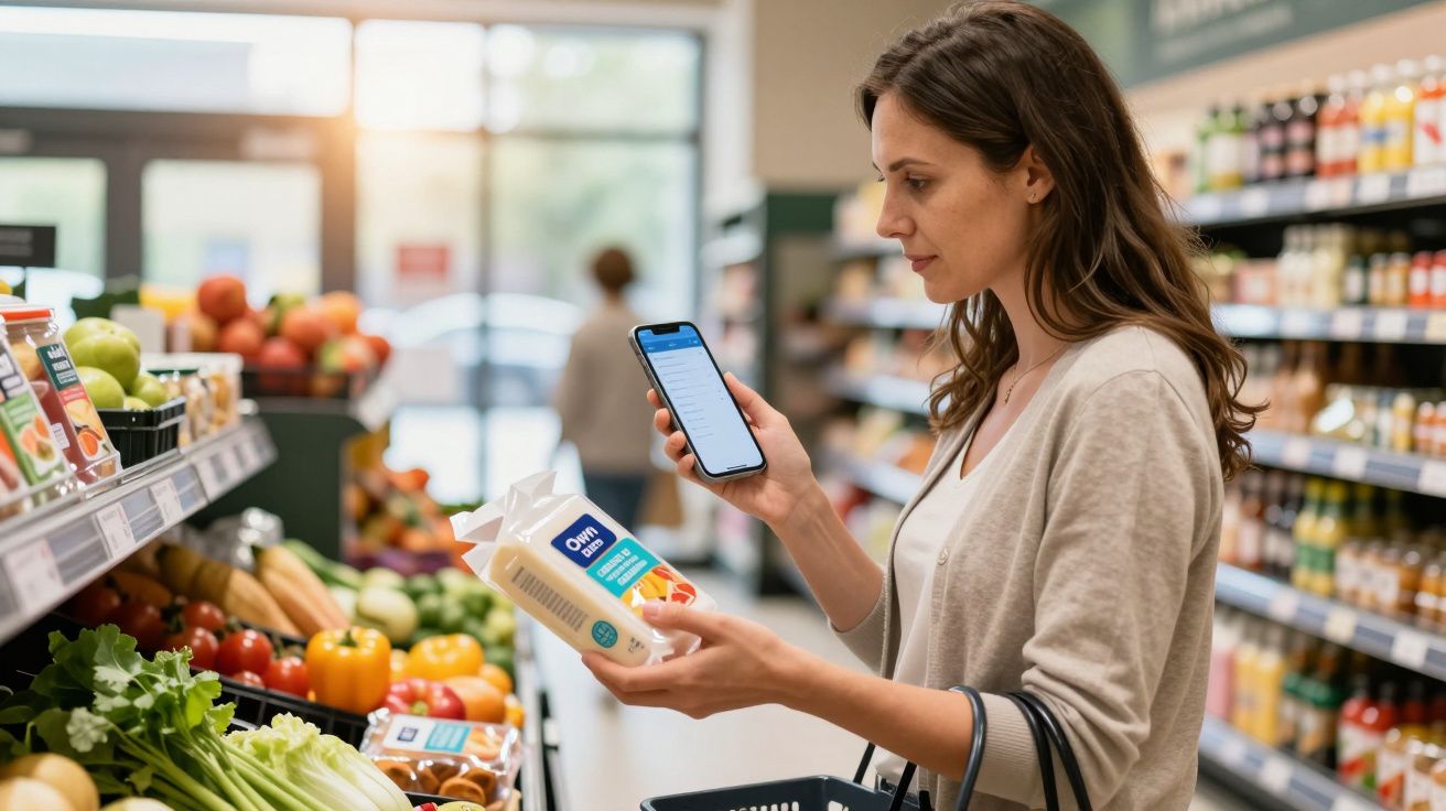 Woman shopping in a supermarket, holding oat milk and checking her phone, with fruits and vegetables nearby.