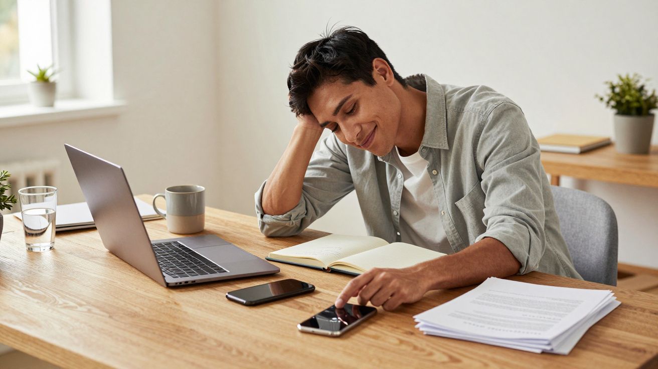 Man smiling at phone, sitting at desk with laptop, notebooks, and documents in a home office setting.