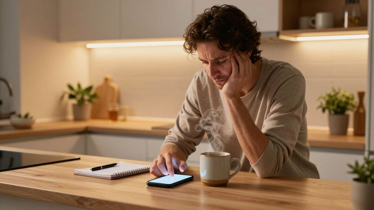 Man in kitchen using smartphone with a tired expression, next to a steaming mug and notebook on the wooden counter.