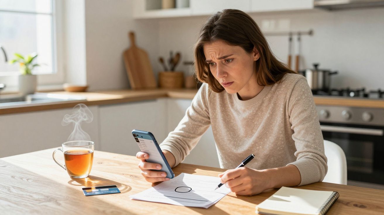 Woman looking concerned at phone while holding pen, sitting at kitchen table with paperwork, tea, and credit card.