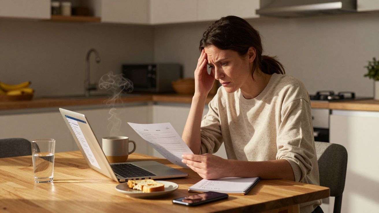 Woman at a kitchen table, looking worriedly at a paper, with a laptop, coffee, and phone nearby.