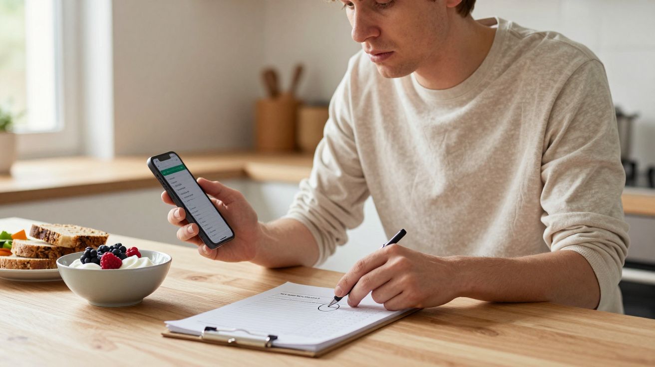 Man in beige jumper using phone and writing on clipboard, with breakfast on table.