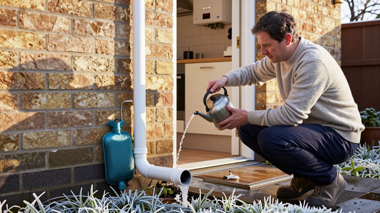 Man pouring hot water into frozen pipe outside brick home, surrounded by frost-covered plants.