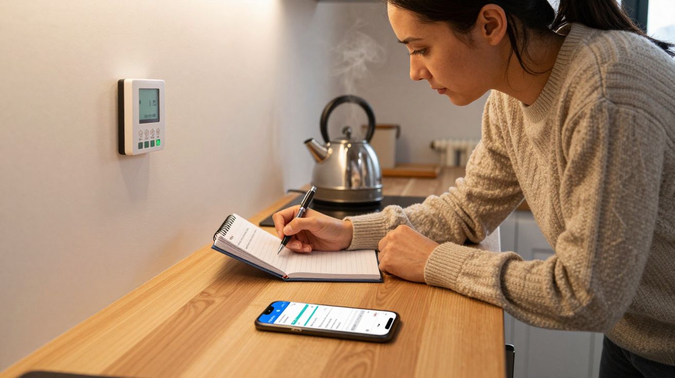 Woman writing in notebook next to smartphone on wooden counter, with kettle boiling in kitchen.