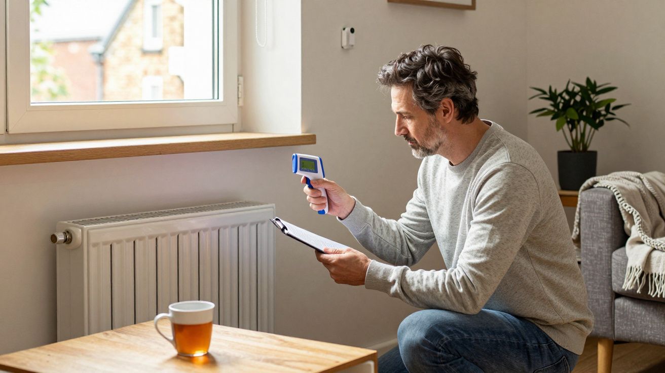Man using infrared thermometer near radiator, holding clipboard, seated by window in a cosy room with plants and tea.