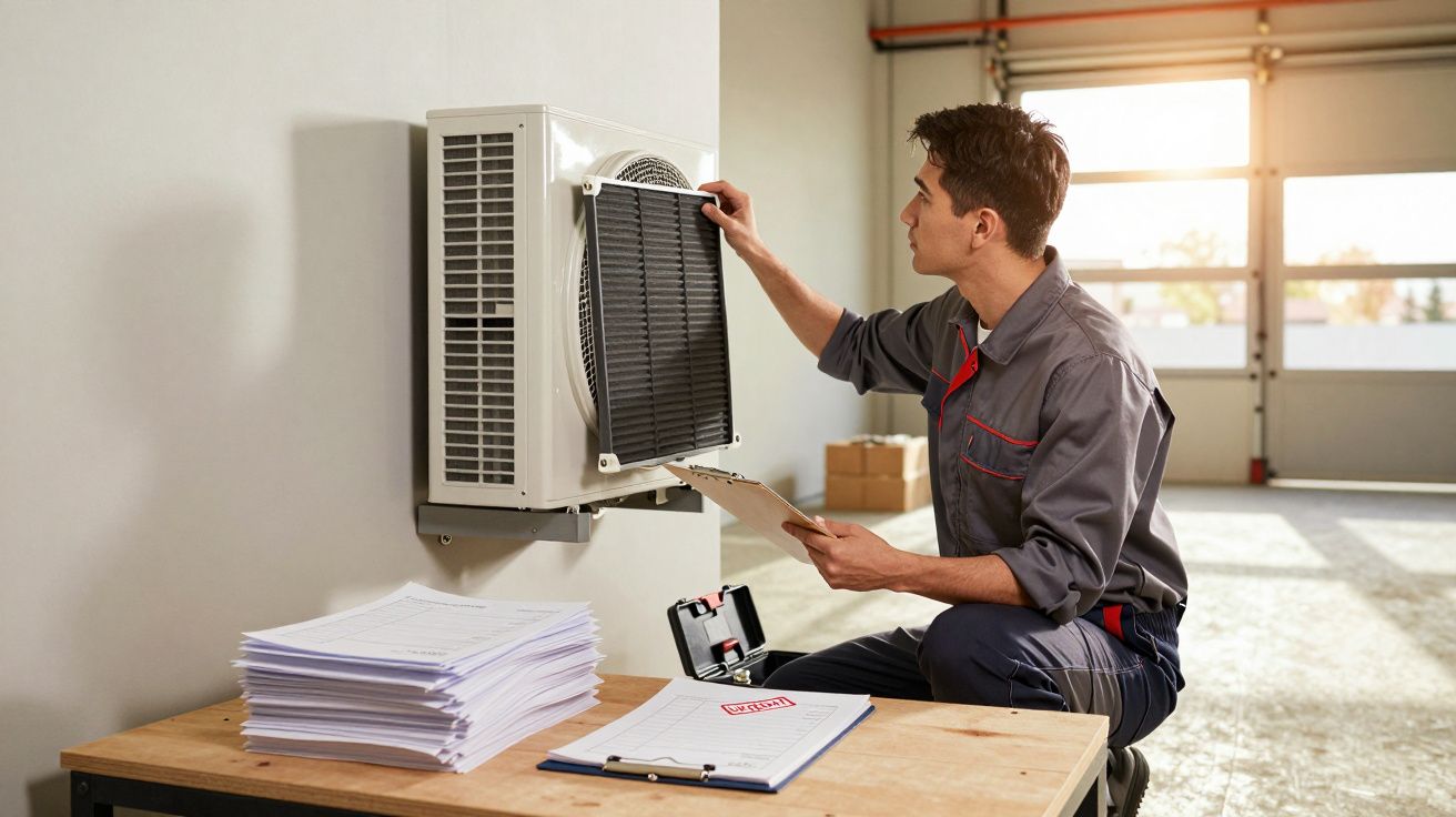 Technician examining air conditioning unit, holding clipboard, with documents on a table in a well-lit workshop.