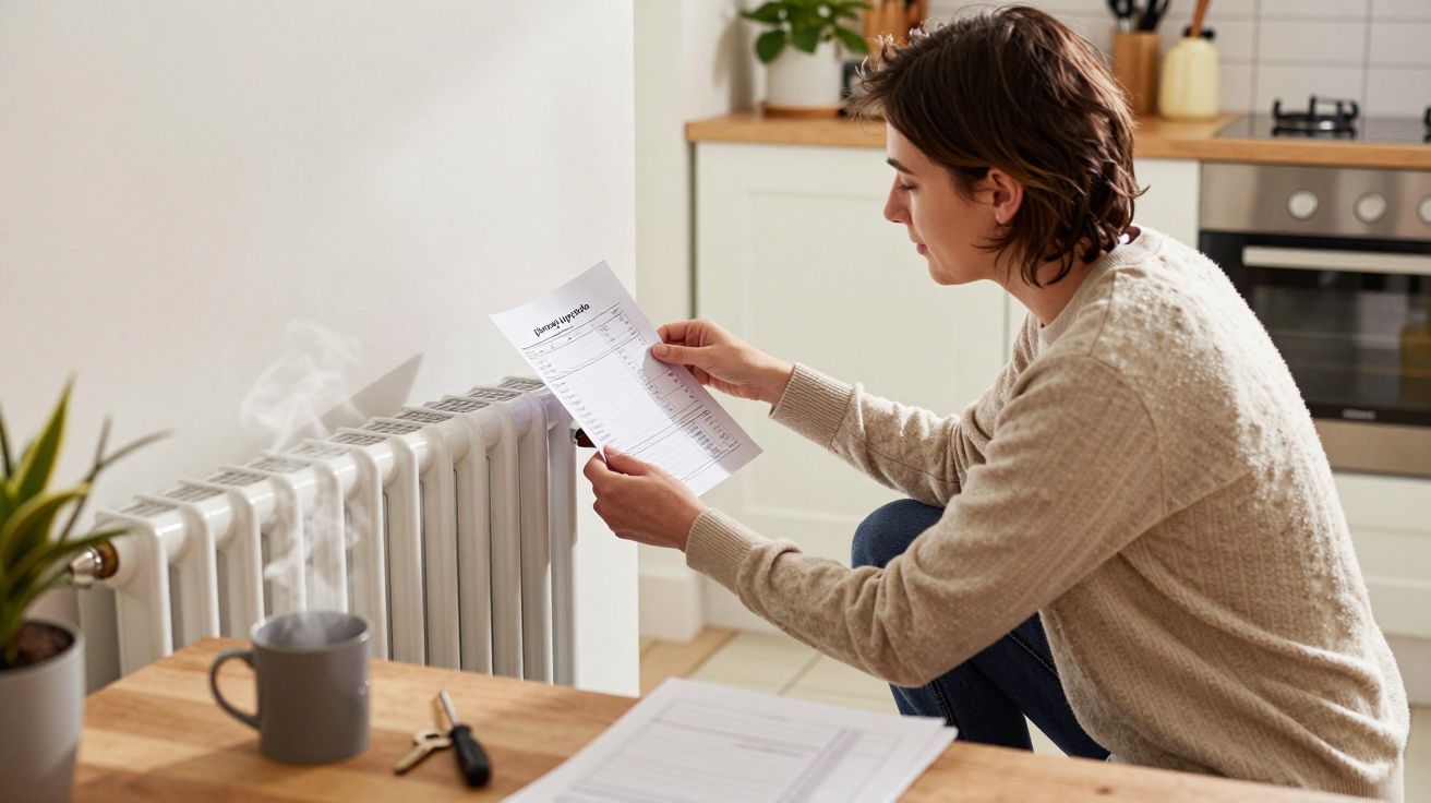 A woman sits by a radiator, examining a bill, with a steaming mug and keys on the table in a cosy kitchen setting.