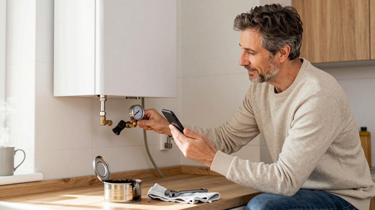 Man checking gas boiler pressure with a smartphone, sitting in a modern kitchen.