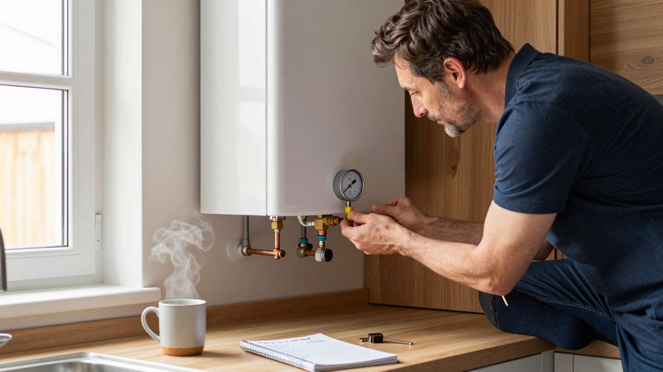 Man adjusting a boiler in a kitchen, with a steaming mug and notebook nearby on the counter.