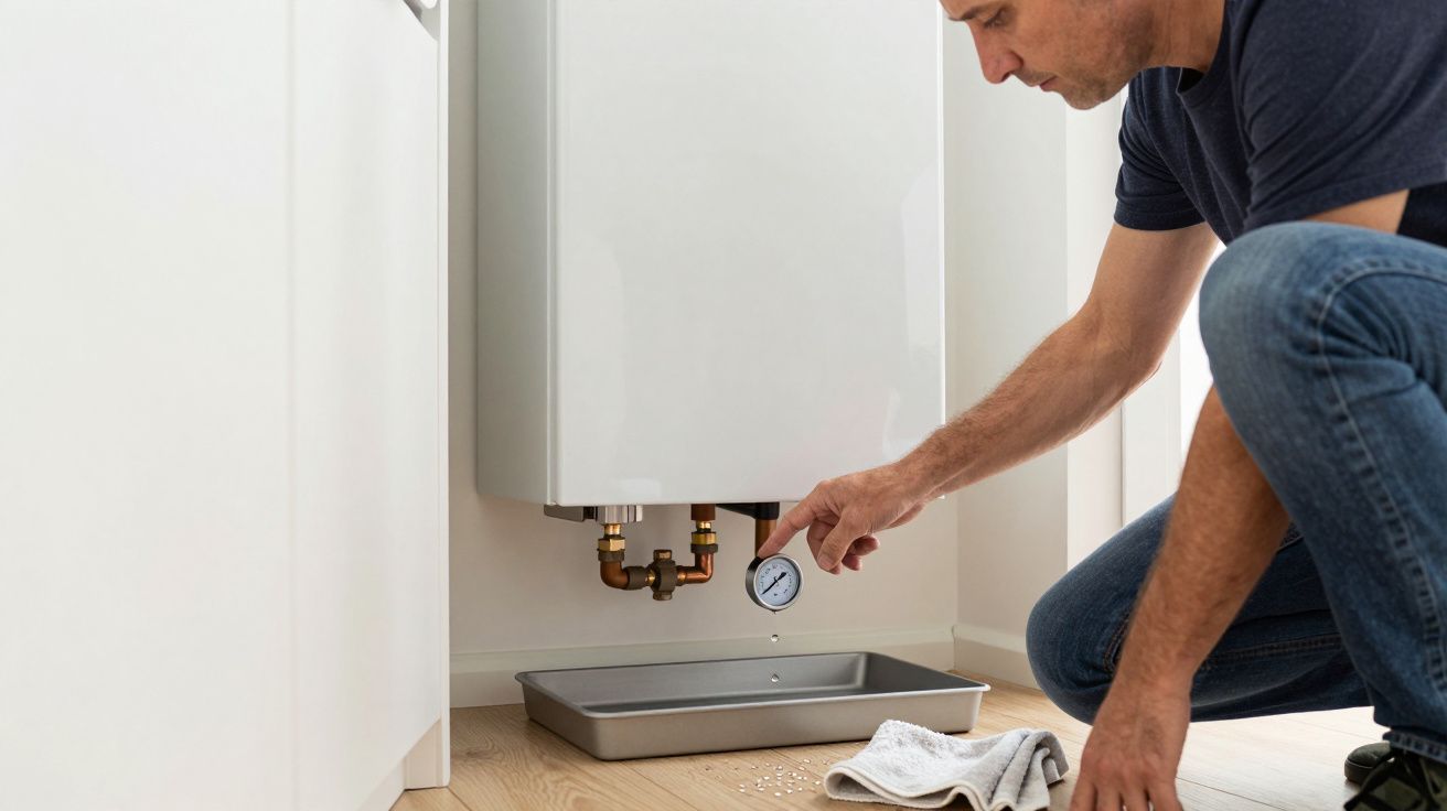 Man checking pressure gauge under a white boiler with a tray below on wooden floor.
