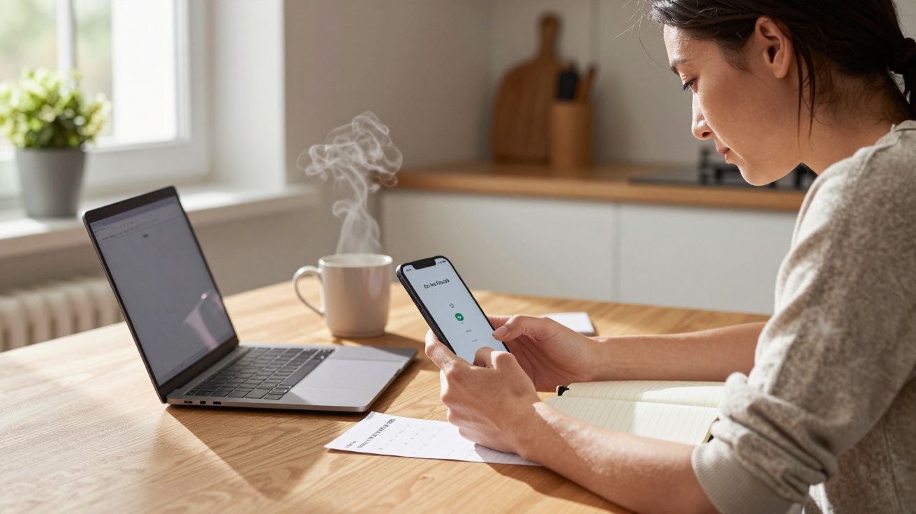 Woman using smartphone at a wooden table, with a laptop, notebook, and steaming cup beside her in a bright kitchen.