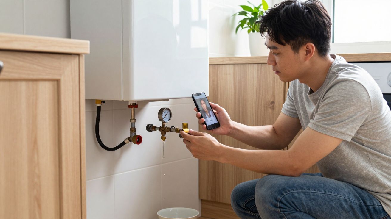 Man checking boiler pipes and video calling on smartphone in kitchen.
