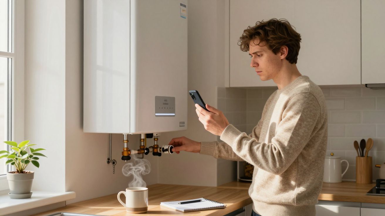 Man adjusting boiler settings while looking at a smartphone in a modern kitchen.