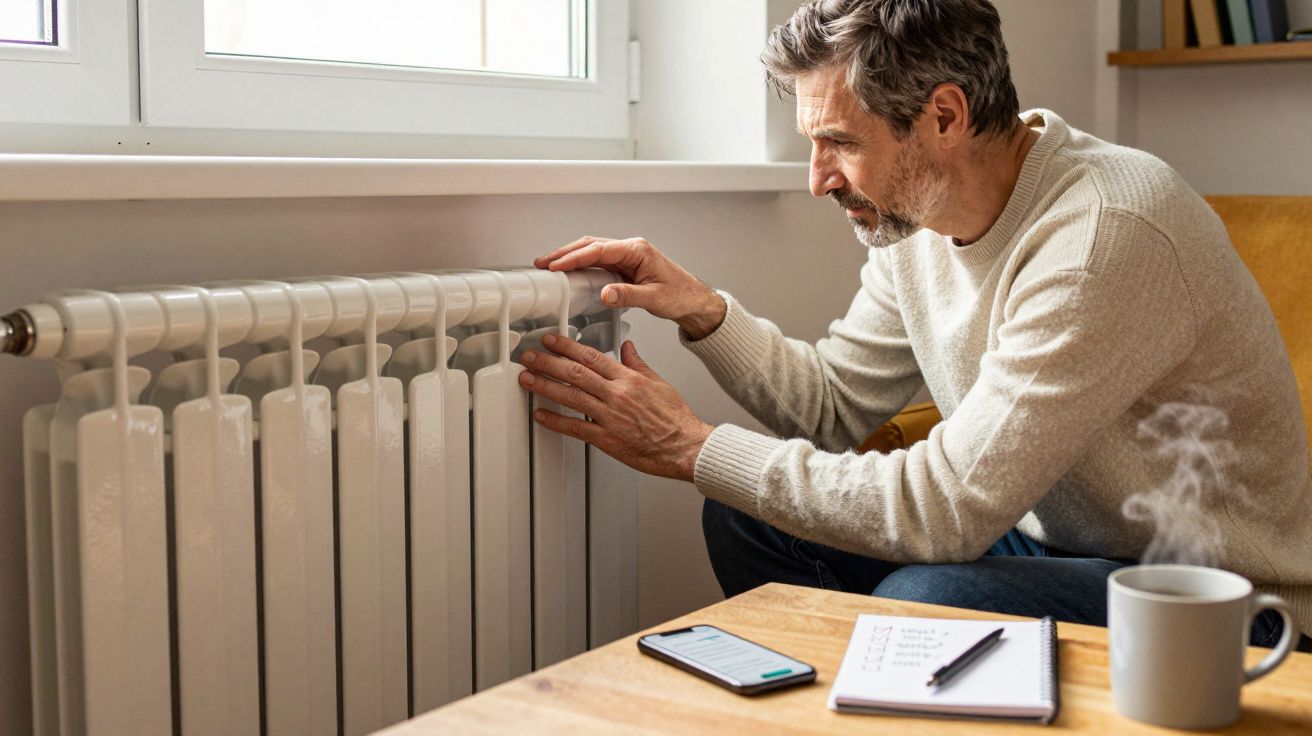 Man adjusting a radiator heater, with a notebook, smartphone, and steaming mug on a nearby table.