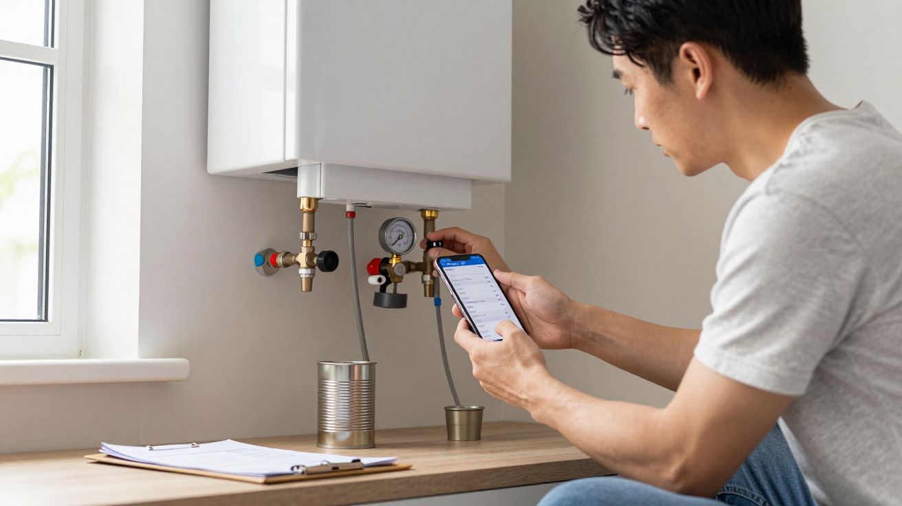 Man checking a boiler with a smartphone app, seated near a window, with a clipboard on the table.