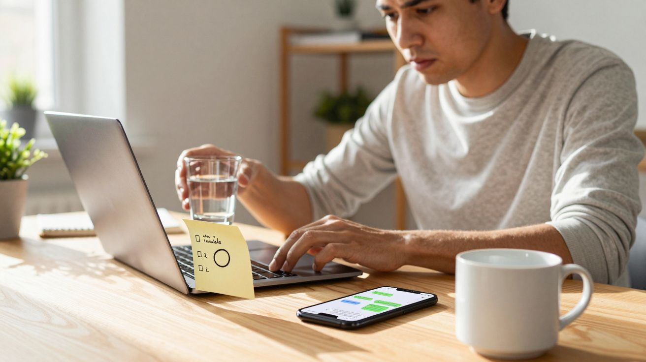 Man working on a laptop at a desk with a sticky note, holding a glass, and a smartphone and mug nearby.