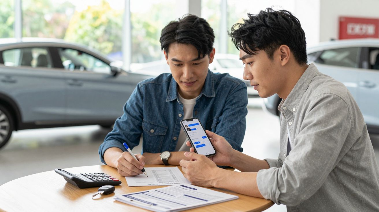 Two men at a car dealership table, discussing documents. One uses a smartphone, with keys and calculator nearby.