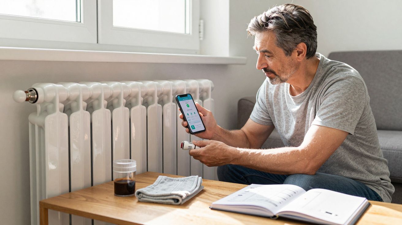 Man adjusting radiator with smartphone app, seated on sofa beside a coffee table with a book and a glass.