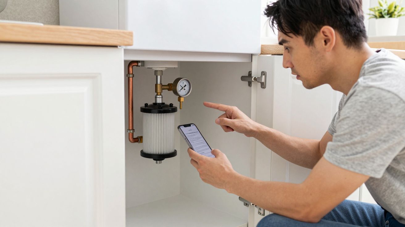 Man crouching, examining a water filter under a sink, holding a smartphone, pointing at a pressure gauge.