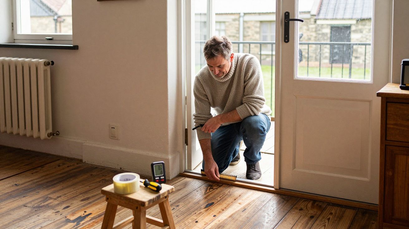 Man measuring a door frame indoors with tools on a nearby stool.
