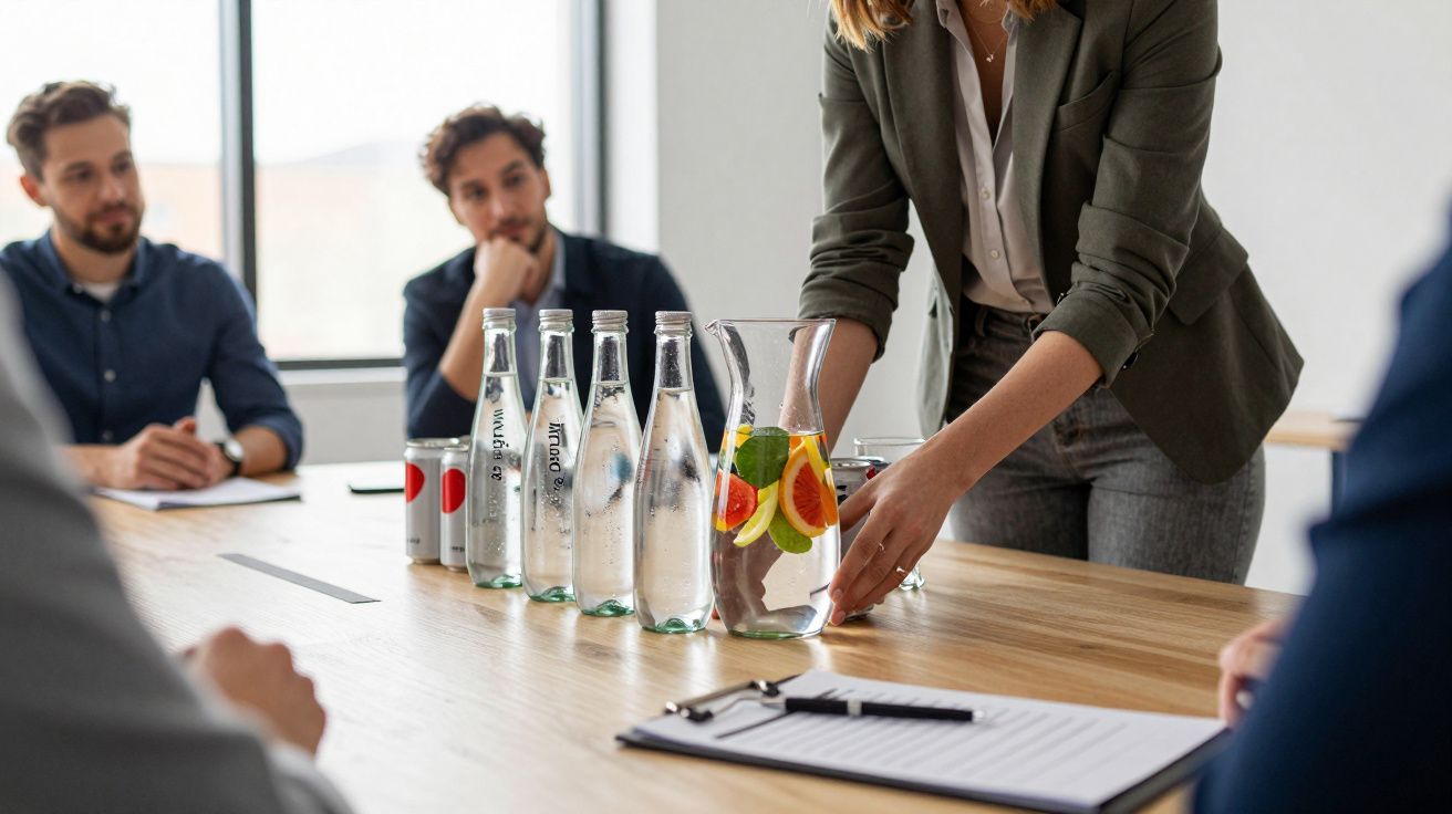 A woman places a jug of fruit-infused water on a meeting table, surrounded by bottled drinks and attentive colleagues.