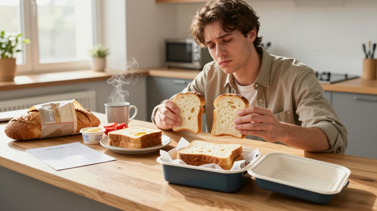 Man deciding between two slices of bread at a kitchen table with breakfast items.