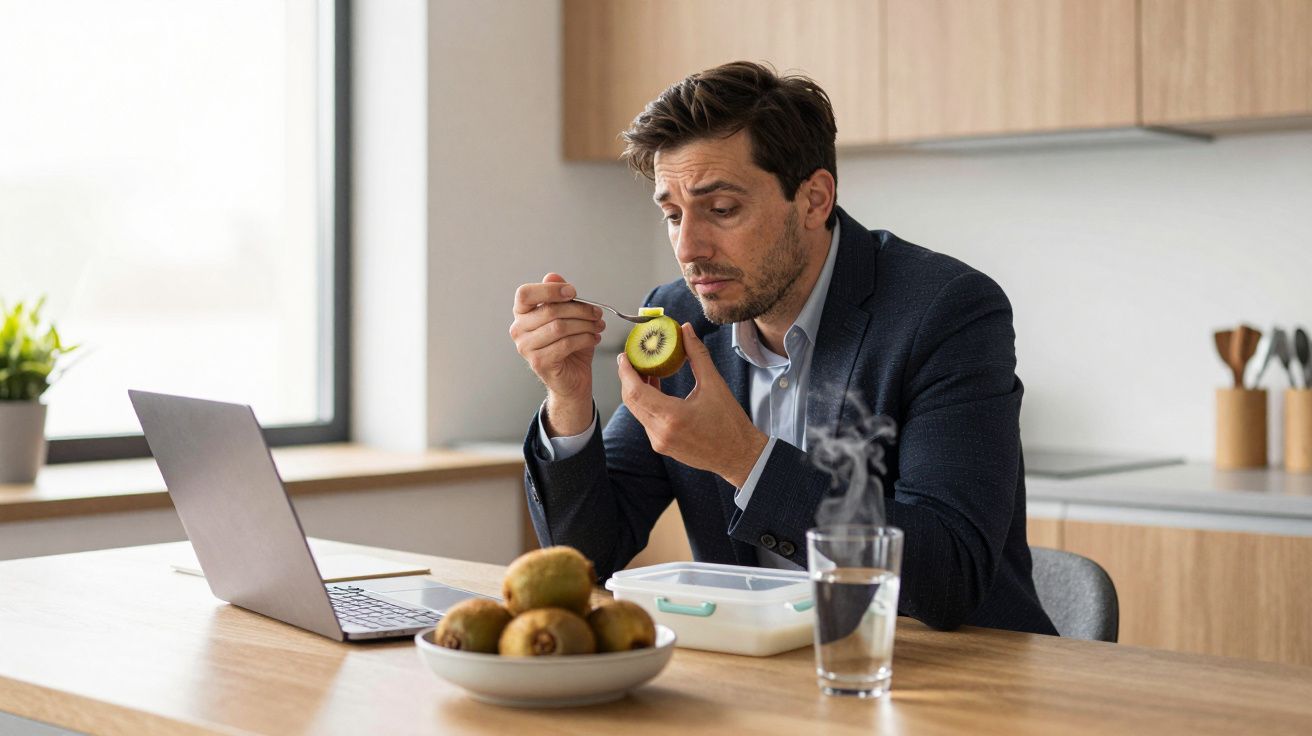 Man in a suit eating kiwi with a spoon at a kitchen table, laptop open, bowl of kiwi fruit, glass of water nearby.